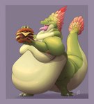 ambiguous_gender anthro belly big_belly burger eating eating_food feathers food morbidly_obese morbidly_obese_ambiguous morbidly_obese_anthro neck_rolls obese obese_ambiguous obese_anthro overweight overweight_ambiguous overweight_anthro purple_background simple_background solo tail thick_tail weight_gain draconder mythology dragontzin_(character) dragon feathered_dragon feathered_scalie mythological_creature mythological_scalie scalie 2023 digital_media_(artwork) hi_res signature