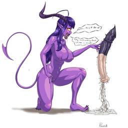 5_fingers 5_toes ahoge animal_genitalia animal_penis big_breasts biped bodily_fluids breasts cum cum_on_ground cum_pool curved_horn dialogue disembodied_penis duo ejaculation equine_genitalia equine_penis excessive_cum excessive_genital_fluids feet female female_focus fingernails fingers genital_fluids genitals glory_hole hair half-erect heart_symbol horn huge_breasts humanoid_feet humanoid_hands humanoid_pointy_ears kneeling licking licking_lips long_hair long_horn long_penis long_tongue male male/female nails nipple_piercing nipples not_furry nude on_one_knee orgasm penis piercing plantigrade pointy_ears purple_body purple_skin saliva self_lick sharp_fingernails sharp_nails sharp_toenails side_view simple_background solo_focus spade_tail speech_bubble tail text thin_tail toenails toes tongue tongue_out vein veiny_penis vulva yellow_eyes plasmidhentai demon humanoid 1:1 cel_shading digital_media_(artwork) english_text hi_res shaded signature