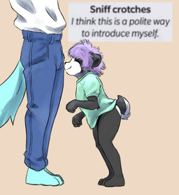 anthro bottomless clothed clothing crotch_sniffing duo female happy male male/female shirt shirt_only size_difference sniffing text topwear topwear_only young rudoesart ru_(rudoesart) ych_(character) bear mammal short-faced_bear spectacled_bear english_text hi_res meme