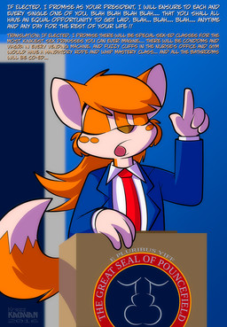 anthro ballot business_suit clothing dialogue eyes_closed female gesture hair hand_gesture loli necktie orange_body orange_hair pointing pointing_up president solo suit text young young_anthro young_female krezz_karavan school_days edna_(school_days) canid canine fox mammal 2016 artist_name cel_shading dated digital_drawing_(artwork) digital_media_(artwork) english_text shaded