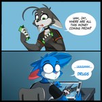 1:1 2_panel_comic anthro black_body black_fur blue_background blue_body blue_fur blush bodily_fluids canid canine cheek_tuft choker clothed clothing countershading dialogue domestic_cat drawing_tablet duo ears_down electronics english_text facial_tuft felid feline felis fennec_fox fox fur green_eyes grey_body grey_fur heart_eyes heart_symbol hi_res humor hybrid jay-r jay-r_(character) jewelry male male_anthro mammal money multicolored_body multicolored_fur necklace nervous open_mouth page_(jay-r) pivoted_ears simple_background stylus sweat sweatdrop text tongue tongue_out true_fox tuft two_tone_body two_tone_fur white_body white_fur wide_eyed