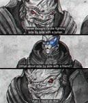 armor blue_eyes bodypaint dialogue duo face_paint facial_scar male not_furry open_mouth red_eyes scar scouter standing teeth text bonksoundeffect bioware electronic_arts j._r._r._tolkien mass_effect middle-earth_(tolkien) the_lord_of_the_rings garrus_vakarian urdnot_wrex alien krogan turian english_text hi_res meme multiple_images