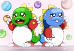 anthro blush bubble duo male open_mouth tail taoti teeth wildwolfproduction bubble_bobble mythology square_enix taito bob_(bubble_bobble) bub_(bubble_bobble) bubble_dragon dragon mythological_creature mythological_scalie scalie 2018 digital_media_(artwork) hi_res