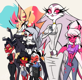 4_arms anthro big_breasts blush bottomwear breasts clothing electronics eyelashes female freckled_face freckles glistening_eyelids group long_eyelashes male multi_arm multi_limb phone piercing ps5_console shorts thong_straps tight_clothing tuft gatojack3 hellaverse helluva_boss mythology barbie_wire loona_(helluva_boss) millie_(helluva_boss) moxxie_(helluva_boss) queen_bee-lzebub_(helluva_boss) stella_(helluva_boss) verosika_mayday animal_humanoid avian bird bird_demon canid canid_demon canid_humanoid canine demon fox hellhound humanoid imp mammal mammal_humanoid mythological_canine mythological_creature succubus