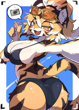 anthro big_breasts bikini blush breasts butt claws clothed clothed_anthro clothed_female clothing cute_fangs eyewear eyewear_on_head fangs female female_anthro finger_claws fur hair kemono looking_at_viewer open_mouth pawpads selfie solo sunglasses sunglasses_on_head swimwear tail teeth tongue two-piece_swimsuit wearing_sunglasses tofffffu felid mammal pantherine tiger 2026 absurd_res digital_media_(artwork) hi_res