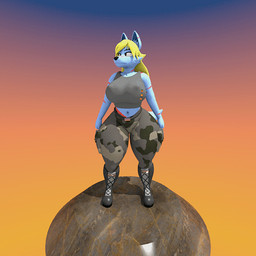 anthro big_breasts big_butt blonde_hair blue_body blue_fur boots bottomwear breasts butt camo camo_bottomwear camo_clothing camo_pants camo_print clothed clothed_anthro clothed_female clothing female fist footwear fur hair huge_hips huge_thighs markings neutral_expression nipple_outline pants pattern_bottomwear pattern_clothing pattern_pants red_markings shoes solo standing thick_thighs wide_hips getboingedmydude aries_passadar canid canine canis mammal wolf 1:1 3d_(artwork) animated digital_media_(artwork) turntable_(animation)