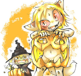 anthro blonde_hair blush breasts brown_body carving clothing costume duo fangs feathers female food fruit genitals green_body green_feathers grey_hair hair halloween_costume hat headgear headwear holidays jack-o'-lantern loli looking_at_viewer nipples nude plant pumpkin shocked simple_background small_breasts smile teeth text unusual_clothing vulva witch_costume witch_hat young young_anthro young_female doneru halloween quaise_(doneru) tany_(doneru) avian bamfear bird 2017 dated adult_(lore)