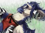 3_fingers abstract_background anthro armor biped blue_body blue_fur blue_hair clothing countershading eyes_closed fingers fur grass grin hair hand_on_chest jewelry long_hair lying male muscular muscular_anthro muscular_male necklace plant simple_background sleeping smile solo white_body white_fur sega shining_(sega) shining_force_exa duga_(shining) canid canine canis mammal wolf