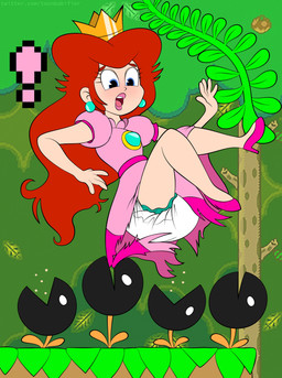 bite biting_another blue_eyes blush cliff clothing crown diaper ear_piercing ear_ring female food footwear forest fruit gown grass_field hair headgear high_heels jumping looking_down open_mouth piercing pixelated plant red_hair ring_piercing shocked shoes solo torn_clothing tree vines toonbabifier dic_entertainment super_mario_bros_super_show princess_toadstool_(super_show) human mammal muncher_(mario) absurd_res hi_res