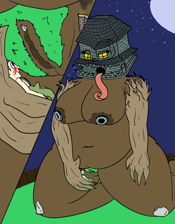 age_difference anthro belly_overhang big_breasts big_butt blush branch breasts building butt chimney dirt duo extreme_size_difference female genitals house huge_breasts imminent_unbirth imminent_vore in_hand kneeling macro male male/female navel older_male open_mouth overweight pipe plant pussy_tuft simple_coloring size_difference size_play smile smoking thick_thighs tongue tongue_out tree vulva crazy_8_animations monster_house constance_nebbercracker monster_house_(character) animate_inanimate human humanoid mammal shaded simple_shading