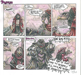 angry anthro beak clothed clothing dialogue elderly fangs fully_clothed gown group humor inside multi_limb renaissance_clothing speech_bubble teeth text trio skekla_(artist) the_dark_crystal skekla_the_illustrator skeksil_the_chamberlain skekung_the_garthim_master alien skeksis 2018 comic english_description english_text signature herm_(lore)