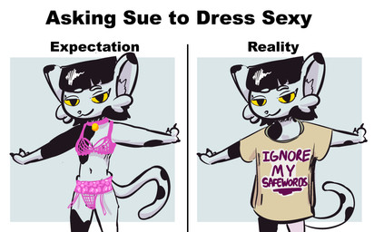 anthro black_body black_fur black_hair clothing collar female forced fur hair lingerie looking_at_viewer pink_clothing pink_lingerie pink_underwear shirt solo tail topwear underwear white_body white_fur globaldonut34 sue_(globaldonut34) felid feline mammal hi_res meme