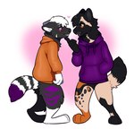 anthro biped bottomless clothed clothing duo hoodie male male/male markings purple_markings simple_background standing topwear oomanagarcha ember_folf african_wild_dog canid canine hybrid mammal digital_media_(artwork) full-length_portrait hi_res portrait