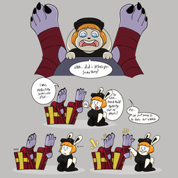 4_toes anthro arms_tied barefoot biped blinded bodily_fluids bound box breasts christmas_present clothed clothing container duo feet female female/female foot_fetish gift gift_box gift_wrapped gifting_self grey_background grey_body hair holidays legs_tied open_mouth plantigrade simple_background soles speech_bubble spread_legs spreading tears text tickling tickling_feet toes wrapped_up freakwithatag christmas pepper_(freakwithatag) shawna_(freakwithatag) canid canine canis lagomorph leporid mammal rabbit wolf 1:1 2024 absurd_res english_text hi_res