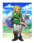 blonde_hair blue_eyes blush boots clothing cloud day footwear hair holding_melee_weapon holding_object holding_sword holding_weapon humanoid_pointy_ears looking_at_viewer male melee_weapon not_furry outside pointy_ears shield shoes smile solo sword weapon 9twoeight nintendo the_legend_of_zelda link elf humanoid hylian hi_res