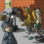 anthro blue_eyes bottomwear box clothing container feral group hoodie looking_at_viewer male pink_nose shorts tail toony topwear trash trash_can yellow_eyes greevixor domestic_cat felid feline felis mammal mephitid mustelid otter skunk 1:1 2010