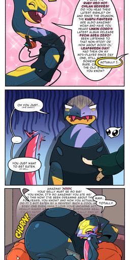 after_vore belly big_belly clothing duo electronics female gloves handwear headphones huge_belly inside overweight speech_bubble text vore leheart nintendo pokemon generation_3_pokemon human mammal pokemon_(species) seviper 2026 absurd_res english_text hi_res