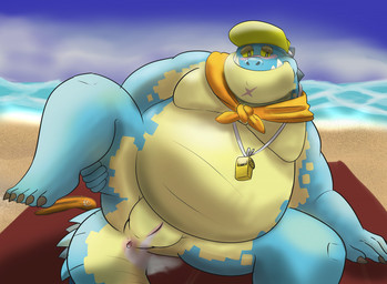 animal_genitalia anthro anus belly blue_body blue_scales blush clothing fat_upper_pubic_area genital_slit genitals hat headgear headwear lifeguard male moobs overweight overweight_male scales scar solo visor_cap whistle_(object) neotorakuma lifewonders tokyo_afterschool_summoners makara_(tas) crocodile crocodilian reptile scalie