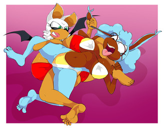 anthro asphyxiation big_breasts bikini breasts clothing duo feet female female/female fight huge_breasts navel swimwear two-piece_swimsuit wrestling tinydevilhorns sega sonic_the_hedgehog_(series) rouge_the_bat bat lagomorph leporid mammal rabbit absurd_res hi_res