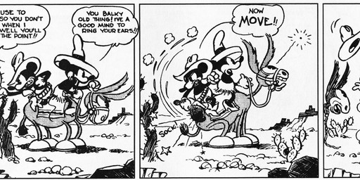ambiguous_gender angry anthro bottomwear cactus clothed clothing cowboy_hat dialogue female feral fingers gloves group gun handgun handwear hat headgear headwear hooves male motion_lines onomatopoeia open_mouth outside pain plant quadruped ranged_weapon sombrero sound_effects teeth text weapon floyd_gottfredson roy_nelson disney public_domain mickey_mouse minnie_mouse asinus donkey equid equine mammal 1930 20th_century absurd_res ancient_art black_and_white comic english_text hi_res long_image monochrome wide_image