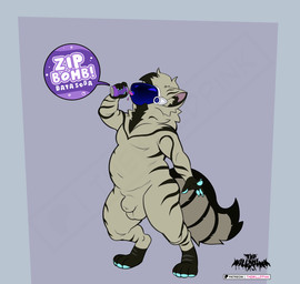 anthro belly beverage fur grey_body grey_fur machine male mane overweight overweight_male pawpads potion_bottle soda solo tiger_pattern visor thewilldpink protogen hi_res