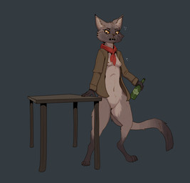 accessory anthro black_tail_tip bottomless breasts clothed clothing dipstick_tail drunk female fur furniture gloves_(marking) grey_body grey_fur jacket leg_markings looking_at_viewer markings necktie red_necktie simple_background small_breasts socks_(marking) solo substance_intoxication table tail tail_markings topwear yellow_eyes garbagegarage domestic_cat felid feline felis mammal hi_res