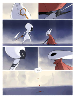 anthro attack biped black_body black_eyes blood blood_drip blood_on_ground bodily_fluids cloak clothing detailed_background dripping duo empty_eyes eye_contact female female_anthro female_humanoid holding_melee_weapon holding_object holding_sword holding_weapon hornet's_needle looking_at_another melee_weapon mouthless narrowed_eyes onomatopoeia red_cloak red_clothing sitting slashing sound_effects sword text weapon white_body white_eyes wounded darkdog hollow_knight:_silksong hollow_knight_(franchise) team_cherry hornet_(hollow_knight) lace_(hollow_knight:_silksong) arthropod humanoid 2025 absurd_res comic digital_drawing_(artwork) digital_media_(artwork) english_text hi_res