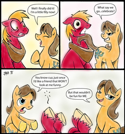 blonde_hair blue_eyes brown_hair commentary cutie_mark dialogue female feral green_eyes group hair male quadruped scared seductive shocked tail text transformation trolling elosande friendship_is_magic hasbro my_little_pony big_macintosh_(mlp) caramel_(mlp) earth_pony equid equine horse mammal pony 2011 comic english_text signature