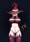 big_breasts big_nipples breasts camel_toe clothing female front_view futhark hat headgear headwear humanoid_pointy_ears legwear nipples not_furry pose runes simple_background solo thigh_highs tight_clothing underwear wizard_hat urw elf humanoid hi_res pinup