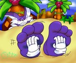 3_toes barefoot big_feet big_toes blush clothing disembodied_hand feet foot_focus gloves grin handwear male motion_lines palm_tree partially_buried plant smile soles tickling tickling_feet toes tree fluffyautomaton sega sonic_the_hedgehog_(series) big_the_cat domestic_cat felid feline felis mammal hi_res signature