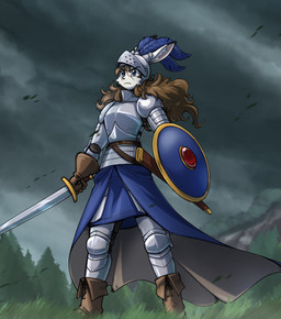 anthro armor biped blue_eyes boots brown_hair clothed clothing cloud cloudy_sky detailed_background dipstick_ears ear_markings facial_scar female footwear fully_clothed fur gloves grass hair handwear headgear helmet holding_melee_weapon holding_object holding_shield holding_sword holding_weapon inner_ear_fluff long_ears long_hair low-angle_view melee_weapon mountain multicolored_ears plant scabbard scar shield shoes sky solo standing sword tree tuft weapon white_body white_fur otakuap aleanora lagomorph leporid mammal rabbit 2025 hi_res shaded