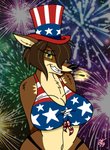 anthro big_breasts blue_eyes breasts brown_body brown_fur clothed clothing female fur hair huge_breasts looking_at_viewer narrowed_eyes patriotism politics smile solo thick_thighs tongue yellow_sclera unclescooter lucy_lupa canid canine canis mammal wolf 2017 digital_media_(artwork) hi_res