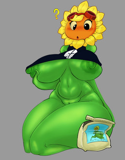 areola bag big_areola big_breasts big_nipples black_clothing black_eyes black_shirt black_topwear blonde_hair blush breast_squish breasts clothed clothing eyelashes eyewear eyewear_on_head female fertilizer flower freckled_face freckles genitals goggles goggles_on_head green_areola green_body green_nipples grey_background hair hand_on_breast hand_on_own_breast holding_breast huge_breasts kneeling leaf leaf_arms navel nipples not_furry open_mouth orange_face pantsless petal_hair petals plant pseudo_hair question_mark red_eyewear red_goggles red_mouth red_tongue shirt simple_background solo squish thick_thighs three-quarter_view tongue topwear vulva yellow_petals yellow_sclera mapuliart electronic_arts plants_vs._zombies plants_vs._zombies_heroes popcap_games solar_flare_(pvz) elemental_creature elemental_humanoid flora_fauna flower_creature humanoid plant_humanoid sunflower_(pvz) 2026 colored digital_media_(artwork) shaded