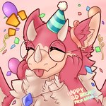 birthday blep eyes_closed eyewear facial_horn fur glasses hatchday horn nose_horn party pink_body pink_fur tongue tongue_out naanahstnil rechiigu mythology naana dragon mythological_creature mythological_scalie scalie 1:1 hi_res