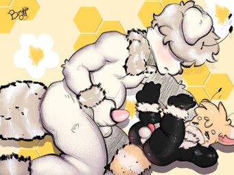 anthro balls butt duo fuzzy_tail genitals imminent_sex male male/male penis presenting presenting_hindquarters toddler young bryya04 wanpaku arthropod bee canid canine hybrid hymenopteran insect mammal pupbee 4:3 absurd_res hi_res
