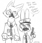 anthro duo eyewear female fur gun male ranged_weapon sunglasses text weapon chumpy disney zootopia judy_hopps nick_wilde canid canine fox lagomorph leporid mammal rabbit red_fox true_fox 2016 monochrome