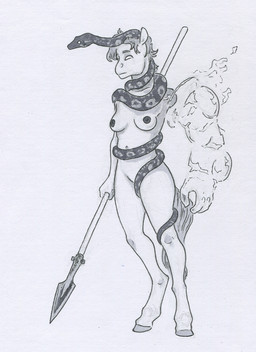 amputee anthro breasts disability female glowing glowing_eyes hooves magic melee_weapon missing_arm missing_limb nude nude_anthro polearm simple_background solo spear tail unguligrade weapon adeptus-monitus equid equine horse mammal pony reptile scalie snake black_and_white monochrome traditional_media_(artwork)