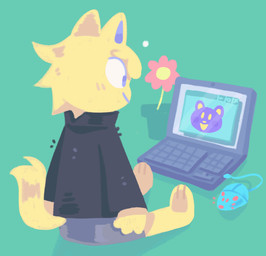 3_fingers 3_toes ambiguous_gender animated_gif anthro bangs blinking blonde_hair blue_body blue_fur computer computer_mouse dialogue electronics exclamation_point feet fingers flower fur green_background hair laptop pink_flower plant plant_pot question_mark simple_background sitting sitting_on_ground solo speech_bubble tail tail_motion tailwag toes yellow_body yellow_eyes yellow_fur yellow_inner_ear yellow_nose graskip cc-by-nc creative_commons catthing_(graskip) bear domestic_cat felid feline felis mammal 2021 animated colored shaded short_playtime