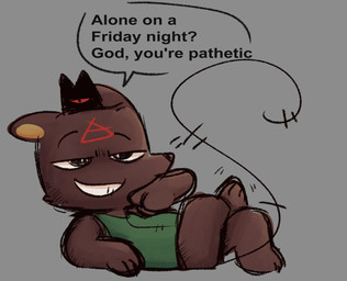 anthro bedroom_eyes bottomless brown_body clothed clothing crossed_legs lying narrowed_eyes on_back seductive smug_face smug_grin solo topwear topwear_only rabiesram alone_on_a_friday_night_(meme) cult_of_the_lamb massive_monster_(studio) ratau_(cult_of_the_lamb) red_crown_(cult_of_the_lamb) mammal murid murine rat rodent hi_res