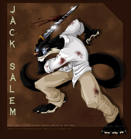 action_pose angry anthro athletic athletic_male barefoot big_claws black_body black_claws black_fur blood blood_drip blood_drop blood_drops blood_on_clothing blood_on_object blood_on_pants blood_on_shirt blood_on_sword blood_on_weapon blood_splatter blood_stain bodily_fluids bottomwear brown_background claws clenched_teeth clothing countershade_neck countershading dripping ears_back eyewear feet fighting_pose fur glasses holding_melee_weapon holding_object holding_sword holding_weapon long_claws long_tail looking_at_viewer male melee_weapon multicolored_body multicolored_fur pants pince-nez pink_nose pivoted_ears pose sharp_teeth shirt simple_background snarling solo swinging_weapon sword tail tan_bottomwear tan_clothing tan_pants teeth text toe_claws topwear two_tone_body two_tone_fur weapon whiskers white_clothing white_shirt white_topwear spunky_(artist) jack_salem gulonine mammal marten mustelid musteline sable_(marten) 2002 english_text signature