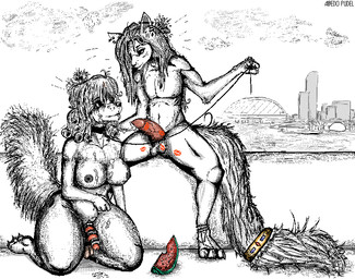 anthro bodily_fluids chastity_cage chastity_device cum cum_drip cum_on_face cum_on_penis curly_hair dripping duo food fruit genital_fluids genitals gynomorph gynomorph/male hair intersex intersex/male kiss_mark landscape leash leash_pull long_hair male melon penis plant watermelon herzogrerih canid canine canis domestic_dog felid feline mammal poodle digital_media_(artwork) hi_res pixel_(artwork)