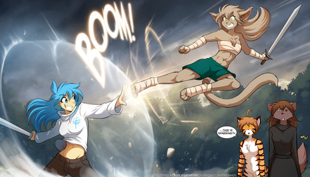 4_toes 5_fingers abs ambiguous_gender anthro arm_tuft being_watched biped blue_eyes blue_hair bottomwear breasts brown_body brown_fur brown_hair casual_nudity chest_tuft chest_wraps clenched_teeth clothed clothed/nude clothed_anthro clothed_female clothed_human clothing crossgender dialogue digitigrade duo_focus eyebrows eyelashes feet female fingers foot_wraps front_view ftm_crossgender fully_clothed fully_clothed_female fully_clothed_human fur grin group hair holding_melee_weapon holding_object holding_sword holding_weapon kick long_hair looking_at_another looking_down looking_down_at_another looking_up looking_up_at_another magic magic_user male melee_weapon midriff mtf_crossgender navel nude nude_anthro nude_female nude_male onomatopoeia open_mouth outside pants short_hair shorts shoulder_tuft simple_background small_breasts smile sound_effects standing striped_body striped_fur stripes sword tail tail_motion tailwag teeth text toes topwear tuft weapon white_background wraps conditional_dnp tom_fischbach twokinds flora_(twokinds) keith_keiser natani trace_legacy basitin canid canine canis felid human keidran mammal pantherine tiger wolf 2025 7:4 digital_drawing_(artwork) digital_media_(artwork) english_text hi_res trans_(lore) trans_man_(lore)