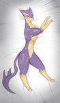 eyelashes female fur gloves_(marking) green_eyes leg_markings looking_at_viewer markings multicolored_body multicolored_fur narrowed_eyes on_bedding purple_body purple_fur purple_tail socks_(marking) tail yellow_body yellow_fur abyss_creature_(artist) nintendo pokemon felid feline generation_5_pokemon liepard mammal pokemon_(species) 2024 digital_media_(artwork) full-length_portrait hi_res portrait