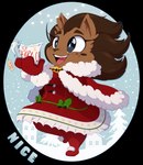 anthro border brown_hair clothed clothing eyebrows eyelashes female freckled_face freckles hair holding_object open_mouth open_smile smile snow solo teeth text tongue transparent_border bigdon1992 mila_thornmier mammal porcupine rodent 2024 absurd_res alpha_channel english_text hi_res