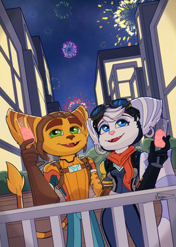 anthro blue_eyes brown_nose champagne_glass clothed clothed_female clothed_male clothing container cup cybernetic_arm cybernetic_limb drinking_glass duo ear_piercing ear_ring eyewear eyewear_on_head female fireworks fluffy fluffy_tail fur glass glass_container glass_cup gloves goggles goggles_on_head green_eyes handwear male markings piercing pink_nose ring_(marking) ring_piercing ringed_tail striped_markings striped_tail stripes tail tail_markings tail_tuft thin_tail tuft white_body white_fur yellow_body yellow_fur maximuseditor ratchet_and_clank sony_corporation sony_interactive_entertainment ratchet_(ratchet_and_clank) rivet_(ratchet_and_clank) lombax mammal hi_res
