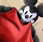 black_body black_eyes black_fur clothing fur male muscular muscular_male pecs red_clothing smile solo white_face rjquaty disney pec_pov_meme mickey_mouse mammal mouse murid murine rodent meme