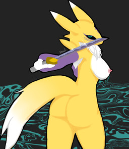 abstract_background areola armwear armwear_only breasts bridal_gauntlets bridal_gauntlets_only butt clothing dipstick_ears ear_markings female fur gloves handwear looking_at_viewer looking_back looking_back_at_viewer melee_weapon mostly_nude multicolored_ears nipples pink_areola pink_nipples purple_clothing purple_gloves purple_handwear rear_view simple_background solo sword tail tuft weapon yellow_body yellow_fur kasumin_(artist) bandai_namco digimon canid digimon_(species) mammal renamon hi_res