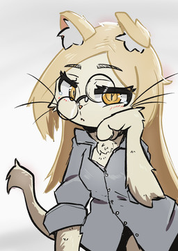 anthro blonde_hair blush breasts clothing collared_shirt dress_shirt ear_tuft eyewear female fur glasses hair shirt tan_body tan_fur topwear tuft whiskers yellow_eyes yerbmeow hitoner miss_tonerico domestic_cat felid feline felis mammal 2026 digital_media_(artwork) hi_res