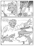 absurd_res anthro bear black_and_white canid canine clothed clothing comic duo electric_shock electricity electroshock_weapon female fight fox hi_res holding_object holding_weapon inner_ear_fluff inside kifyun2 magic male mammal monochrome simple_background sound_effects speech_bubble stun_baton text tuft weapon