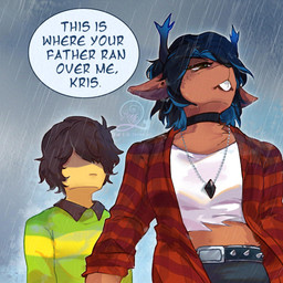anthro brown_body brown_fur brown_hair clothing duo female freckles fur green_clothing green_shirt green_topwear hair male outside philtrum raining shirt speech_bubble text tomboy topwear anniemie2 asgore_running_over_dess deltarune this_is_where_i_watched_my_parents_die undertale_(series) dess_holiday kris_dreemurr deer human mammal new_world_deer reindeer 1:1 2025 absurd_res english_text hi_res